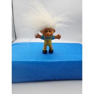 Vintage 1992 Norfin Troll Doll Just Toys LLC Yellow Overalls Number 5 White Hair